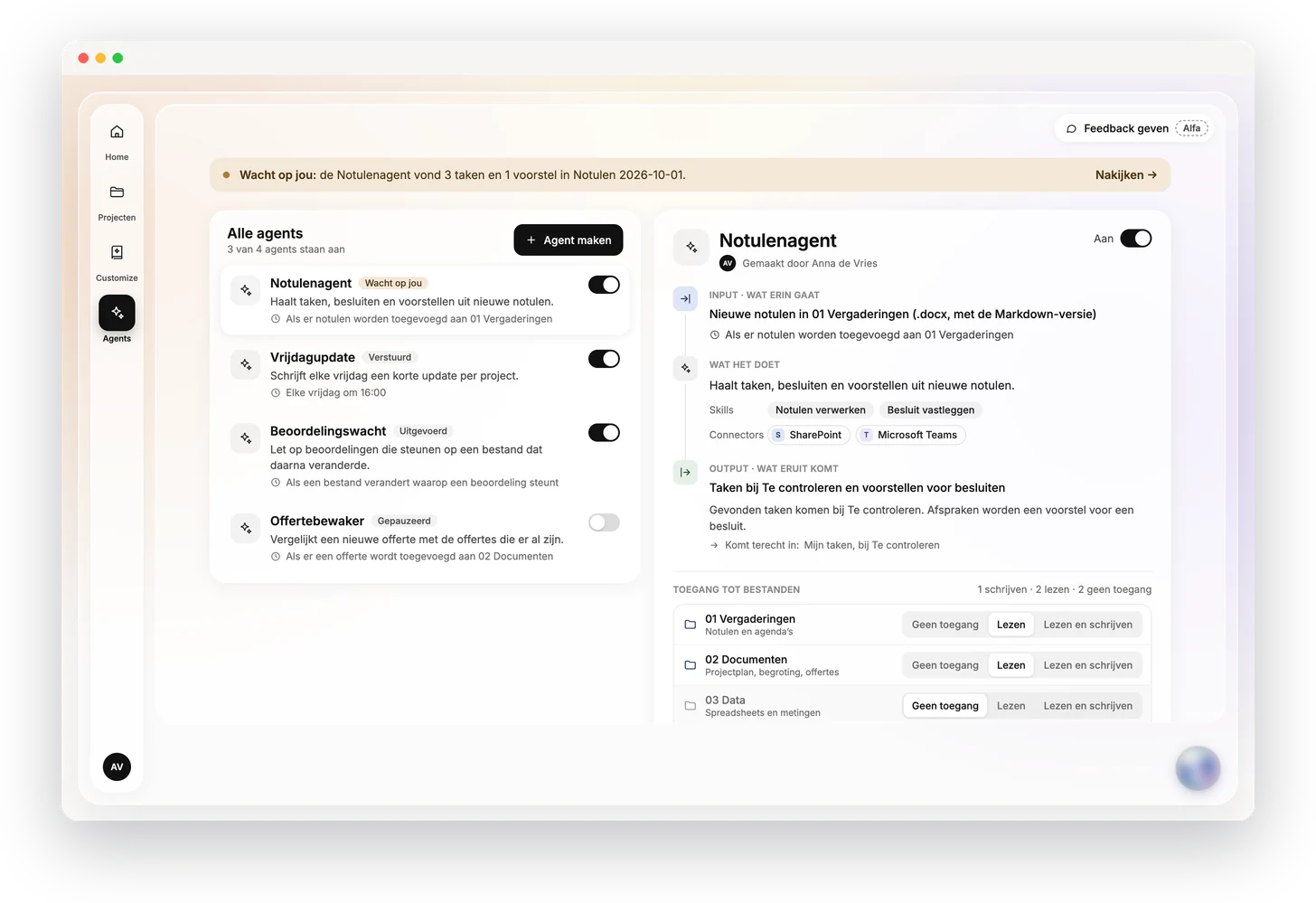 Ontwerp van Transic: een overzicht van agents. Een notulenagent haalt taken, besluiten en voorstellen uit nieuwe notulen, en per map staat welke toegang hij heeft.